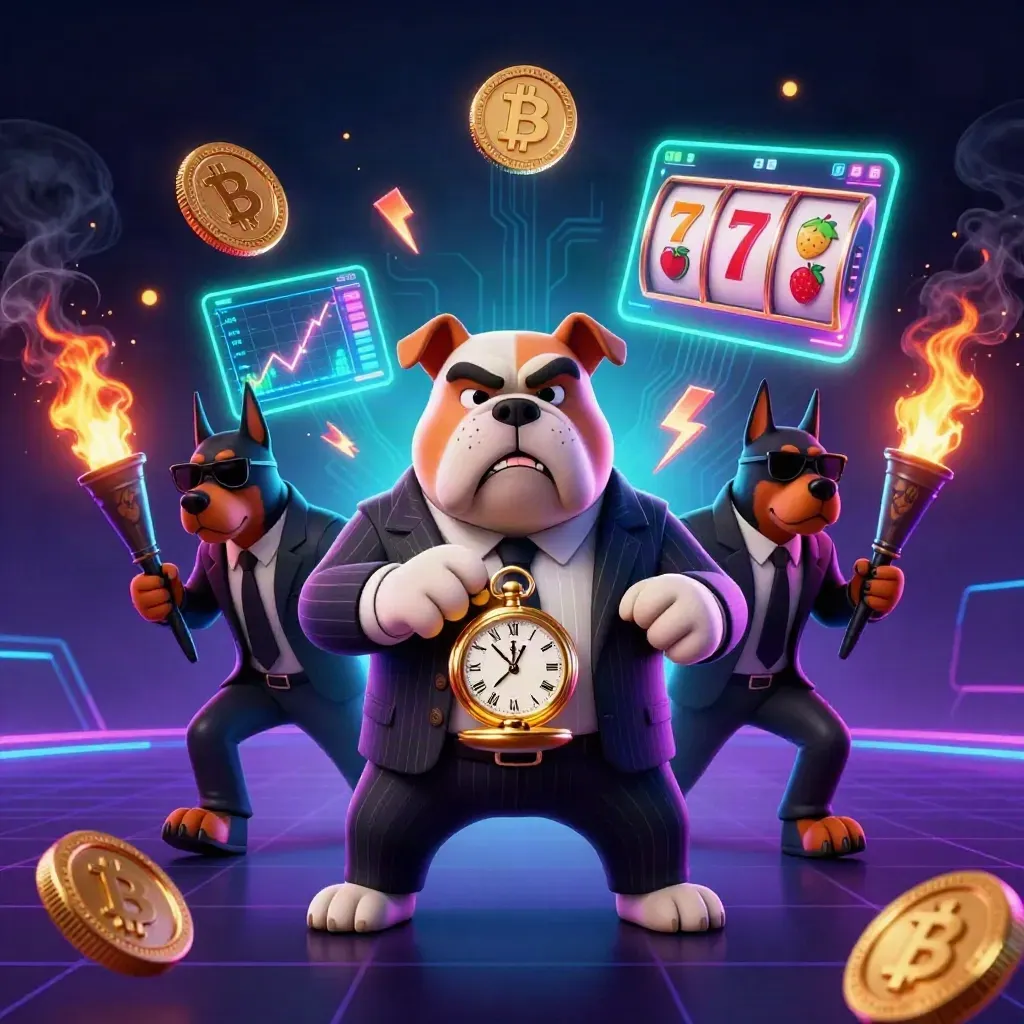 Bulldog boss and two Dobermans amid neon coins, slot symbols, lightning and smoke.