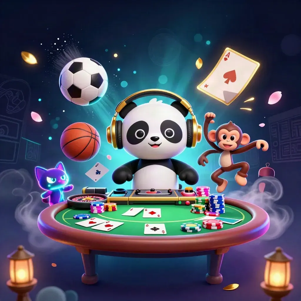 Rave animals, soccer ball, poker chips, and casino glow exploding in a neon sports scene.