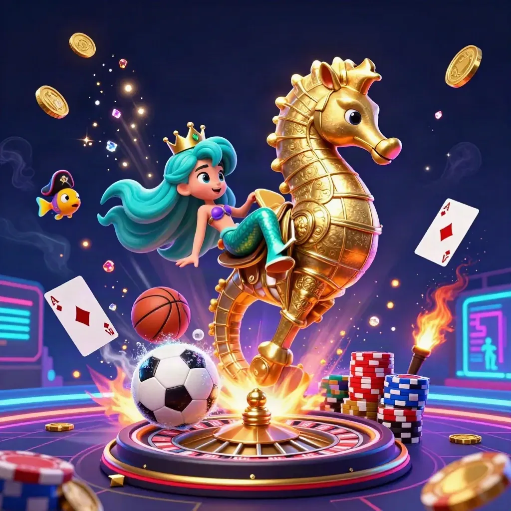 Mermaid princess on golden seahorse amid casino coins, cards, chips, and neon sports energy.