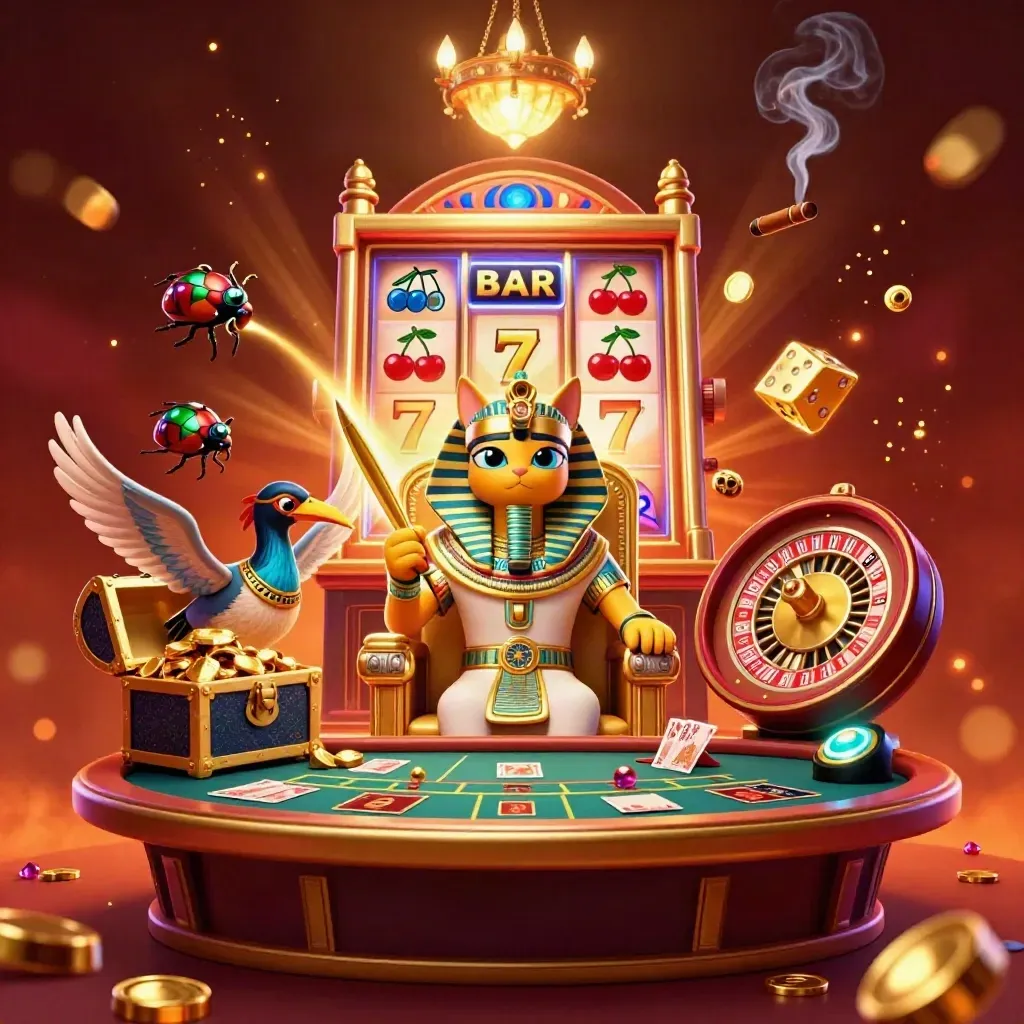 Pharaoh cat throne scene with ibis scribe, scarabs, slot burst, gold, and casino glow.