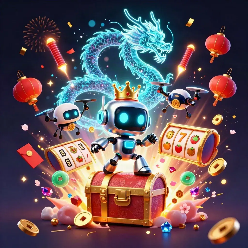 Cyberpunk robot, holographic dragon, and coin drone with teal treasure burst on dark casino glow