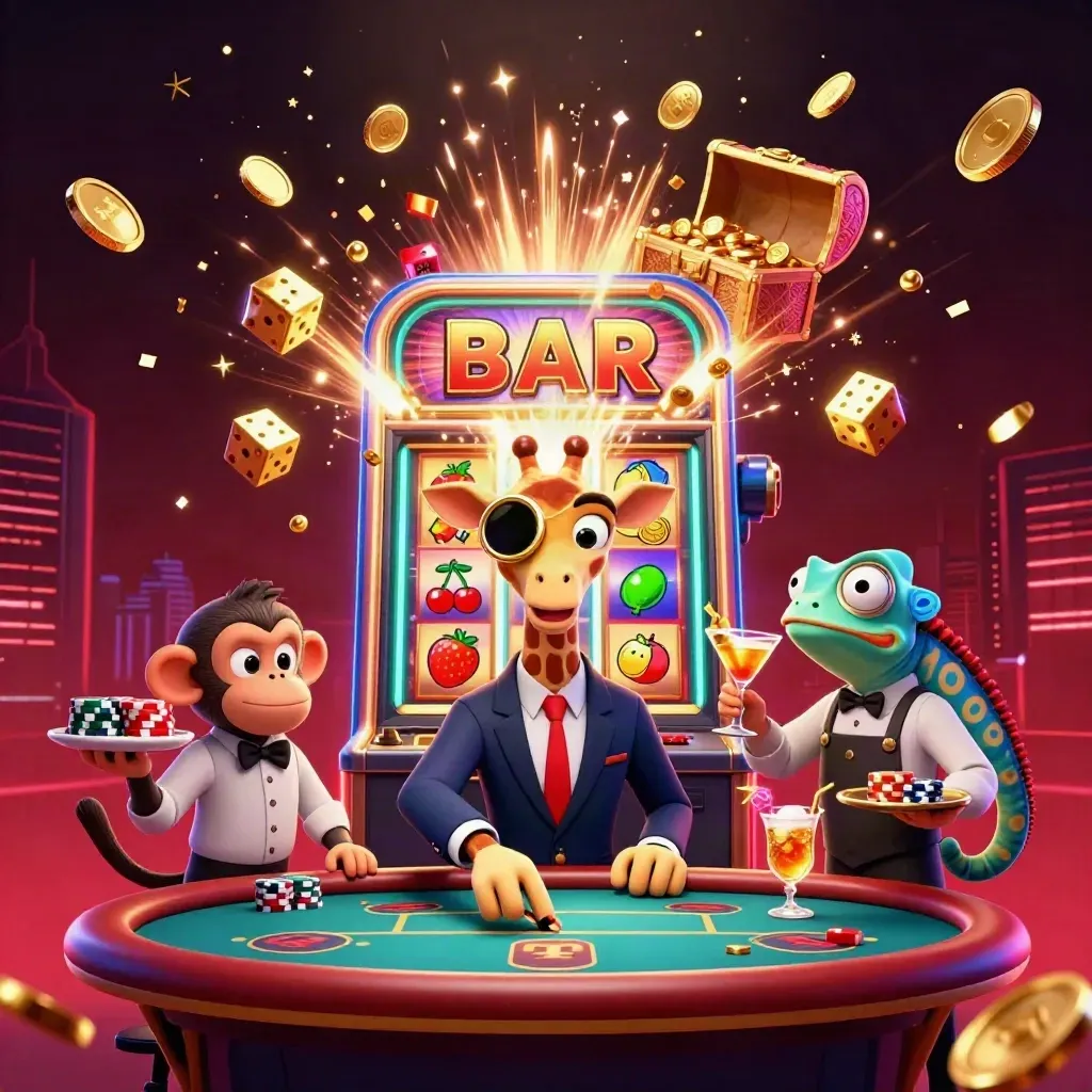 Giraffe, monkey, and chameleon in a neon casino burst with coins, jackpots, and fireworks.