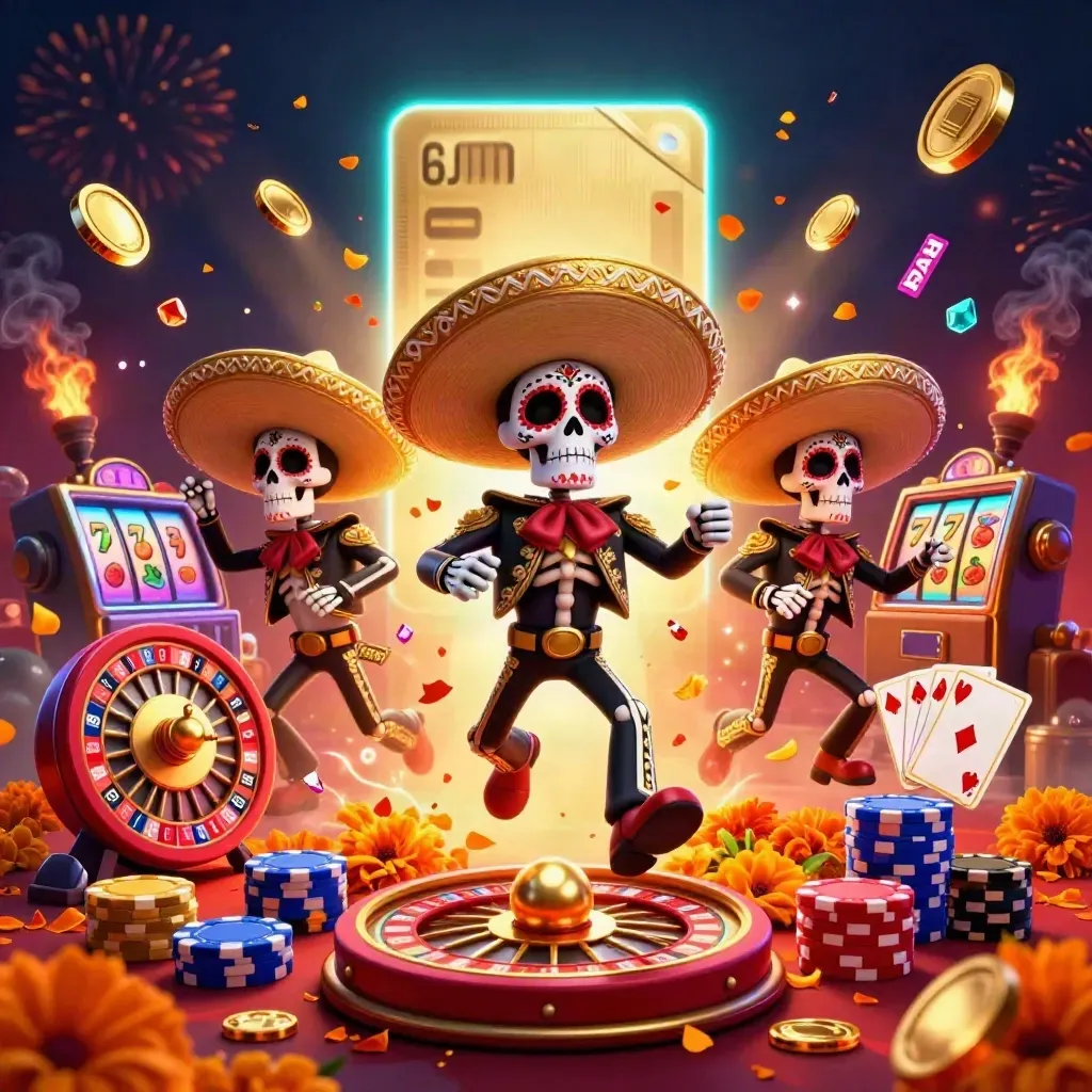 Skeleton mariachi trio with coins, fireworks, slots, and casino chips in a fiery vault scene
