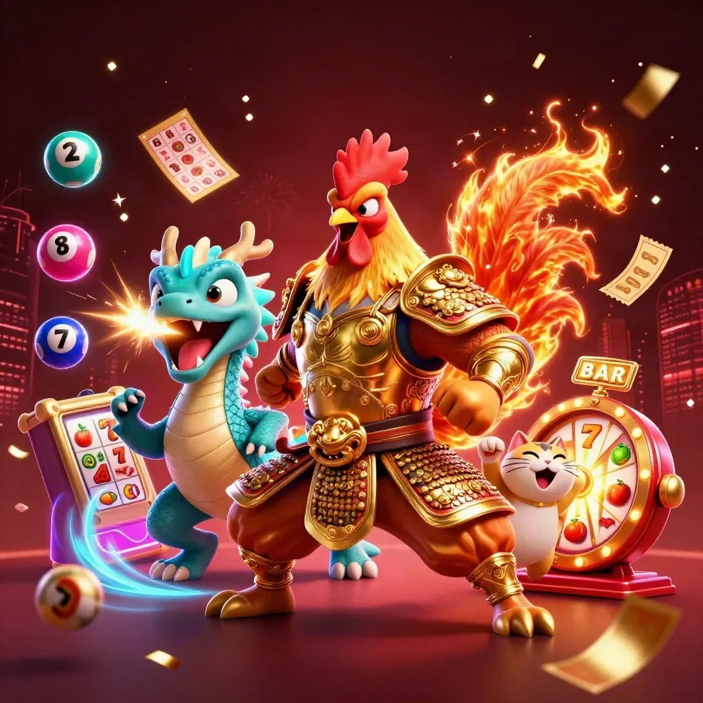 Rooster warrior, spark-breathing hatchling, and fortune cat amid coins, fireworks, and slot symbols.