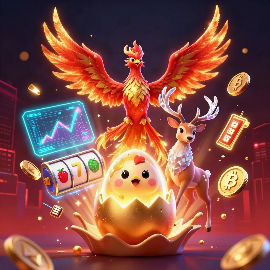 Fire phoenix, baby phoenix, and crystal stag amid neon casino coins and glowing slot symbols