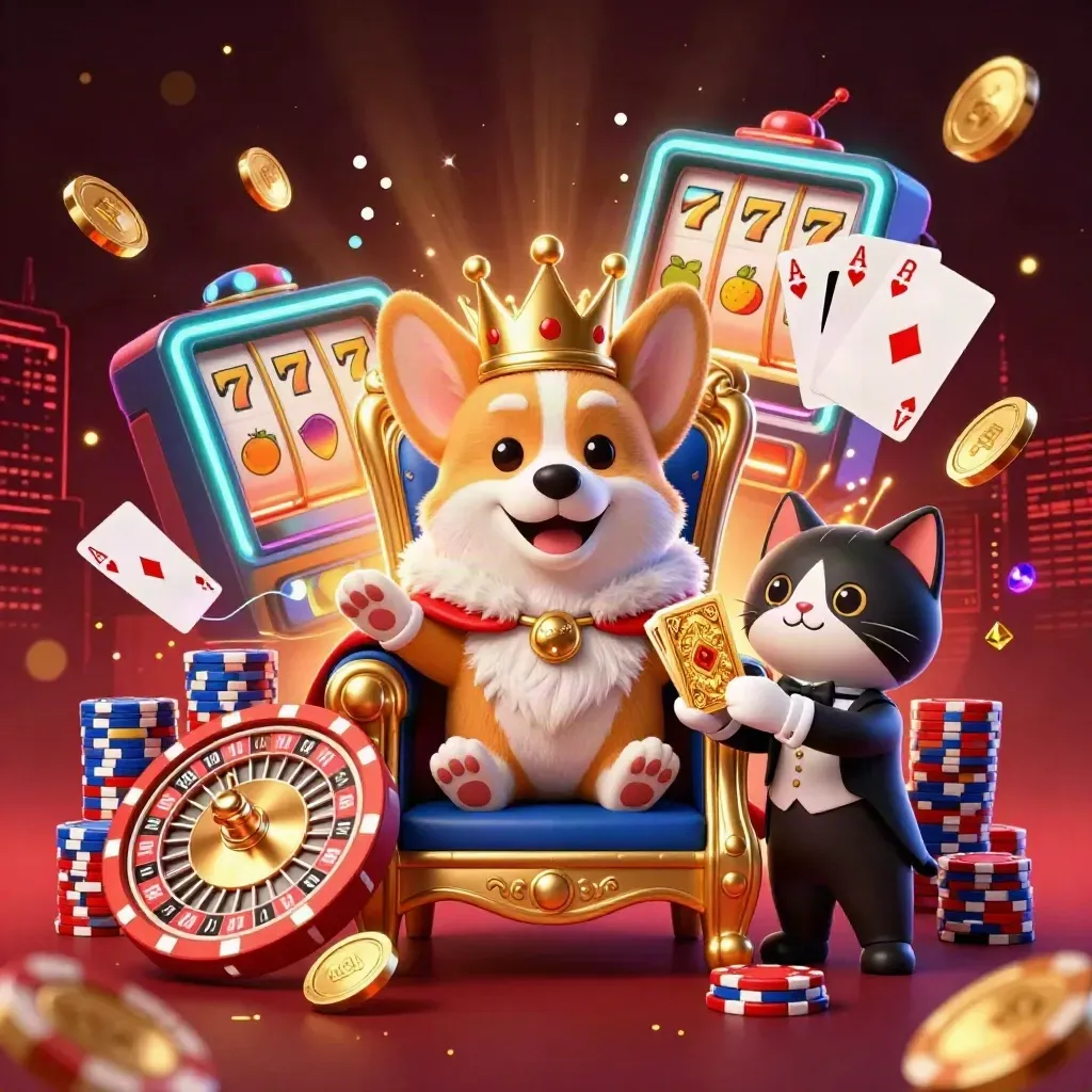 Royal corgi and cat butler amid chips, coins, roulette, cards, reels, and neon casino glow.
